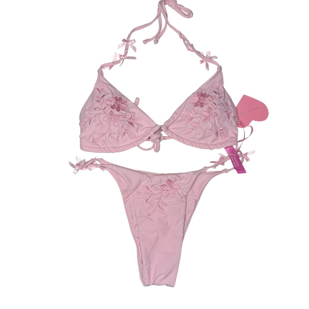 NWT Sugar Thrillz Peony Floral Embroidered Pink Triangle Bikini Set Size Medium